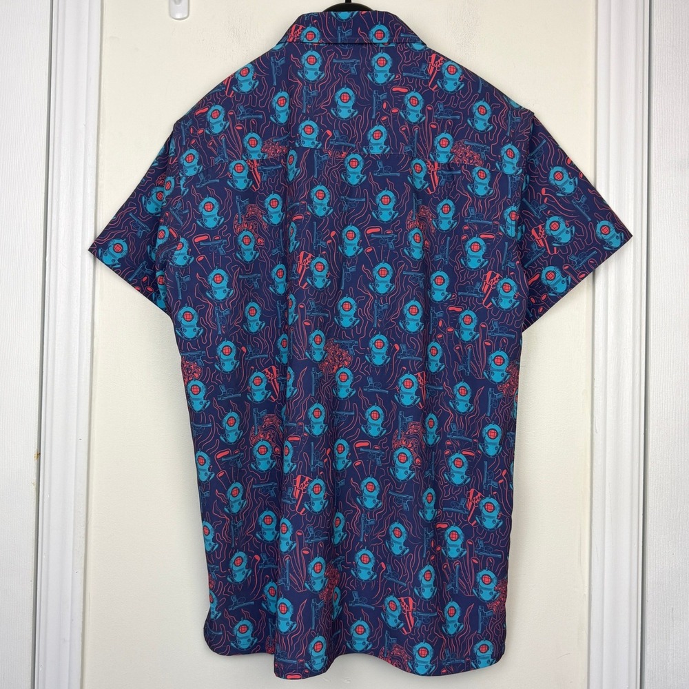 Retro Rifle DEEP DIVE Scuba Blue Short Sleeve Shirt Mens M Aloha Hawaiian Guns - Picture 4 of 10